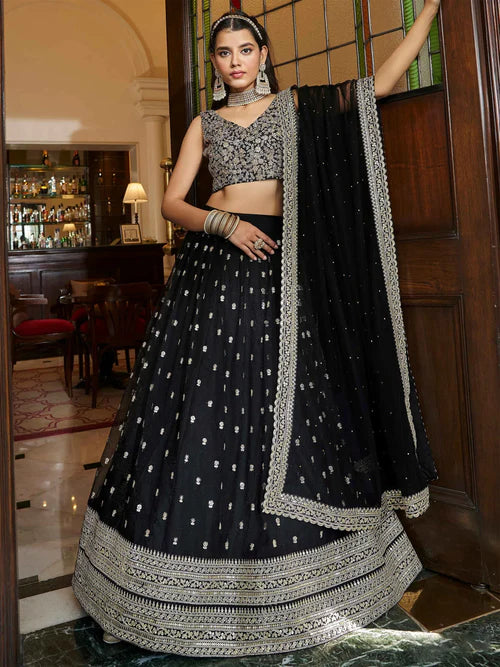 Awesome Black Embroidered Net Reception Wear Plus Size Lehenga Choli